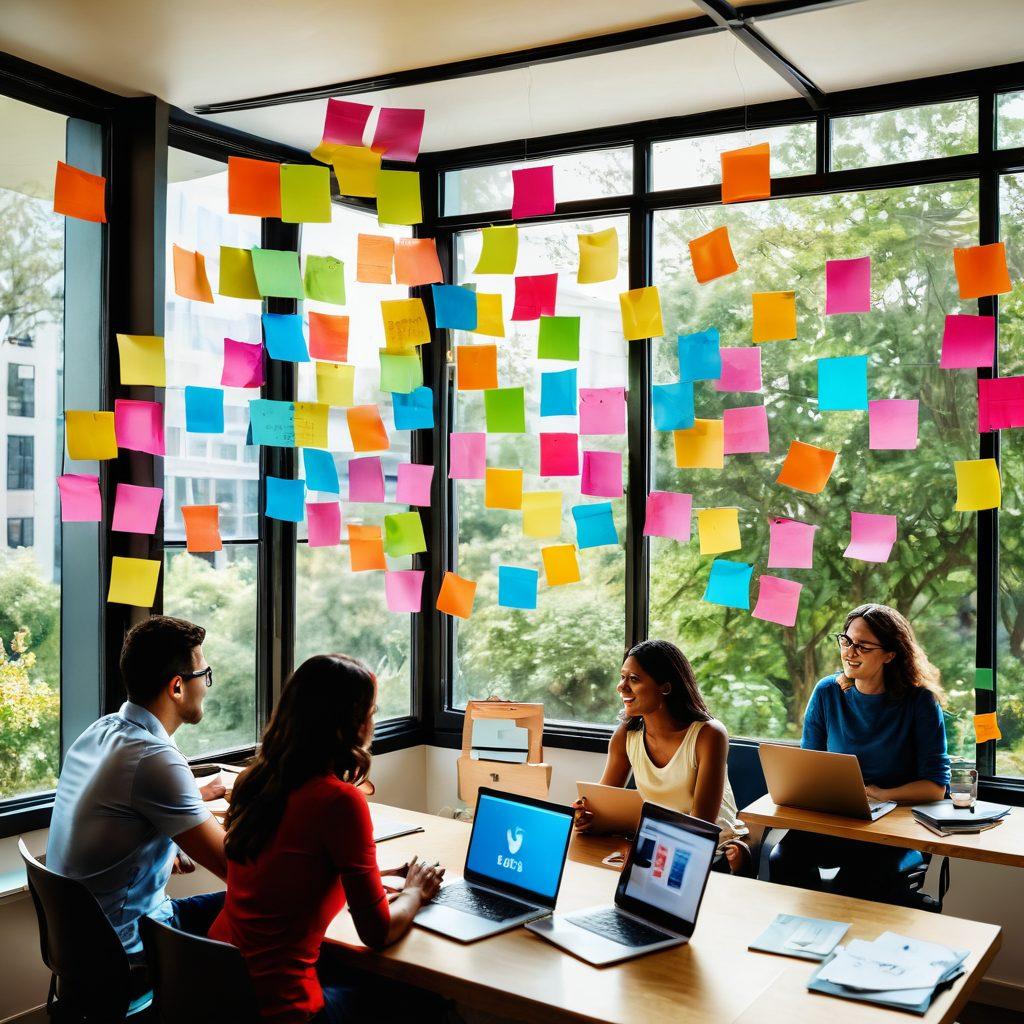 A vibrant brainstorming session with colorful sticky notes, open laptops, and a diverse group of people collaborating on creative ideas. Include elements of social media icons floating in the air, symbolizing sharing and engagement. The setting should be bright and cheerful, with ample sunlight streaming through a window. artistic style. vibrant colors. dynamic composition.