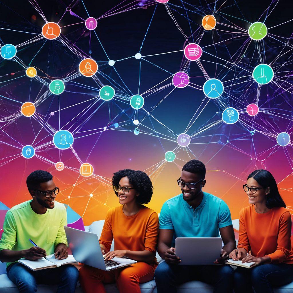 A digital collage showing diverse individuals engaged in online storytelling, connected through glowing lines representing network connections. Include elements symbolizing Wmate resources, like books, laptops, and chat bubbles, in vibrant colors. The background features abstract shapes depicting creativity and communication. super-realistic. vibrant colors. 3D.
