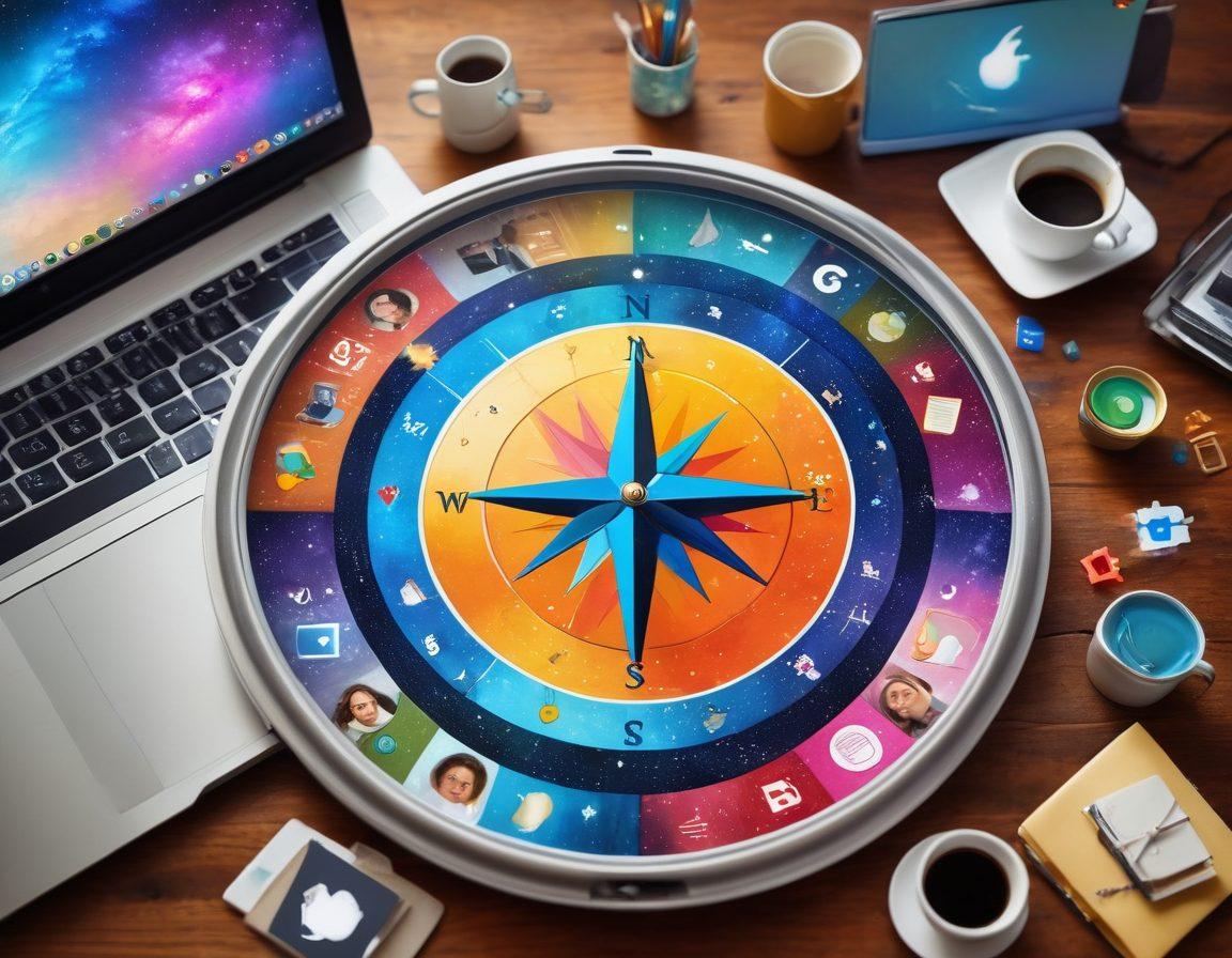 A vibrant, colorful compass guiding a diverse group of bloggers who are sitting around a large laptop, sharing ideas and tips. The background features a swirling galaxy of blog icons and social media symbols, representing the blogosphere. The scene should evoke a sense of community and support among creators, with warm lighting and engaging expressions. super-realistic. vibrant colors. painting.